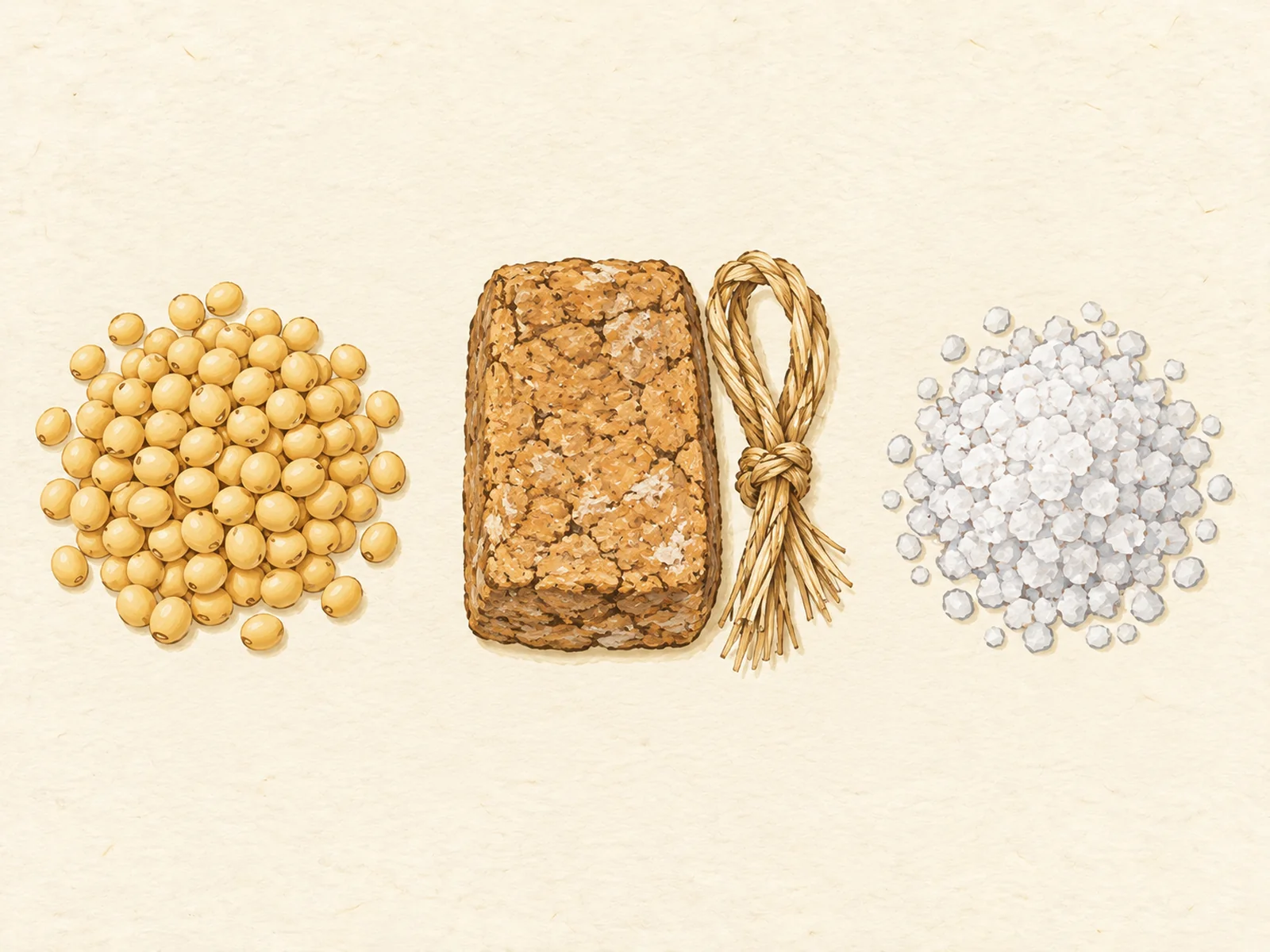 Dried yellow soybeans, a meju block with a straw tie beside it, and coarse salt in one row, painted illustration of doenjang raw materials