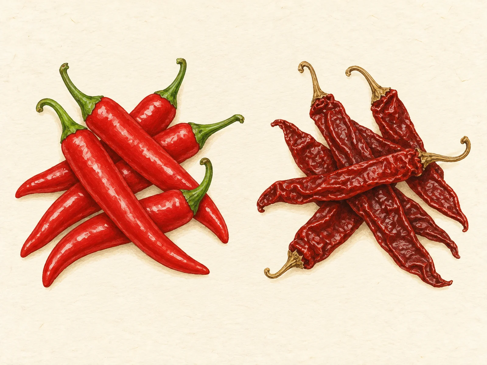 Ripe fresh red chili peppers and dried red chili peppers side by side, painted illustration of gochugaru raw materials