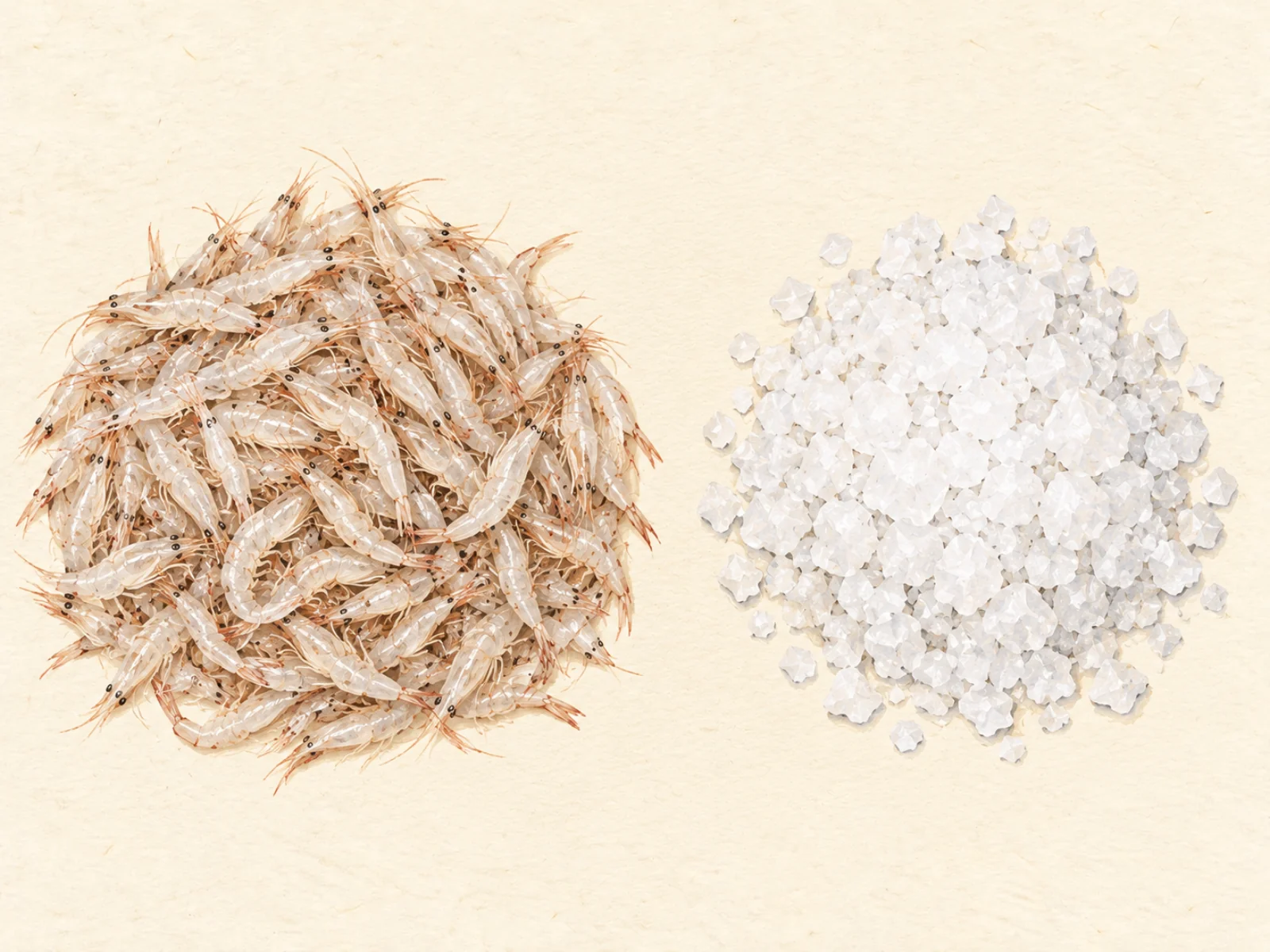 A pile of tiny raw shrimp beside a pile of coarse sea salt, painted illustration of saeujeot raw materials