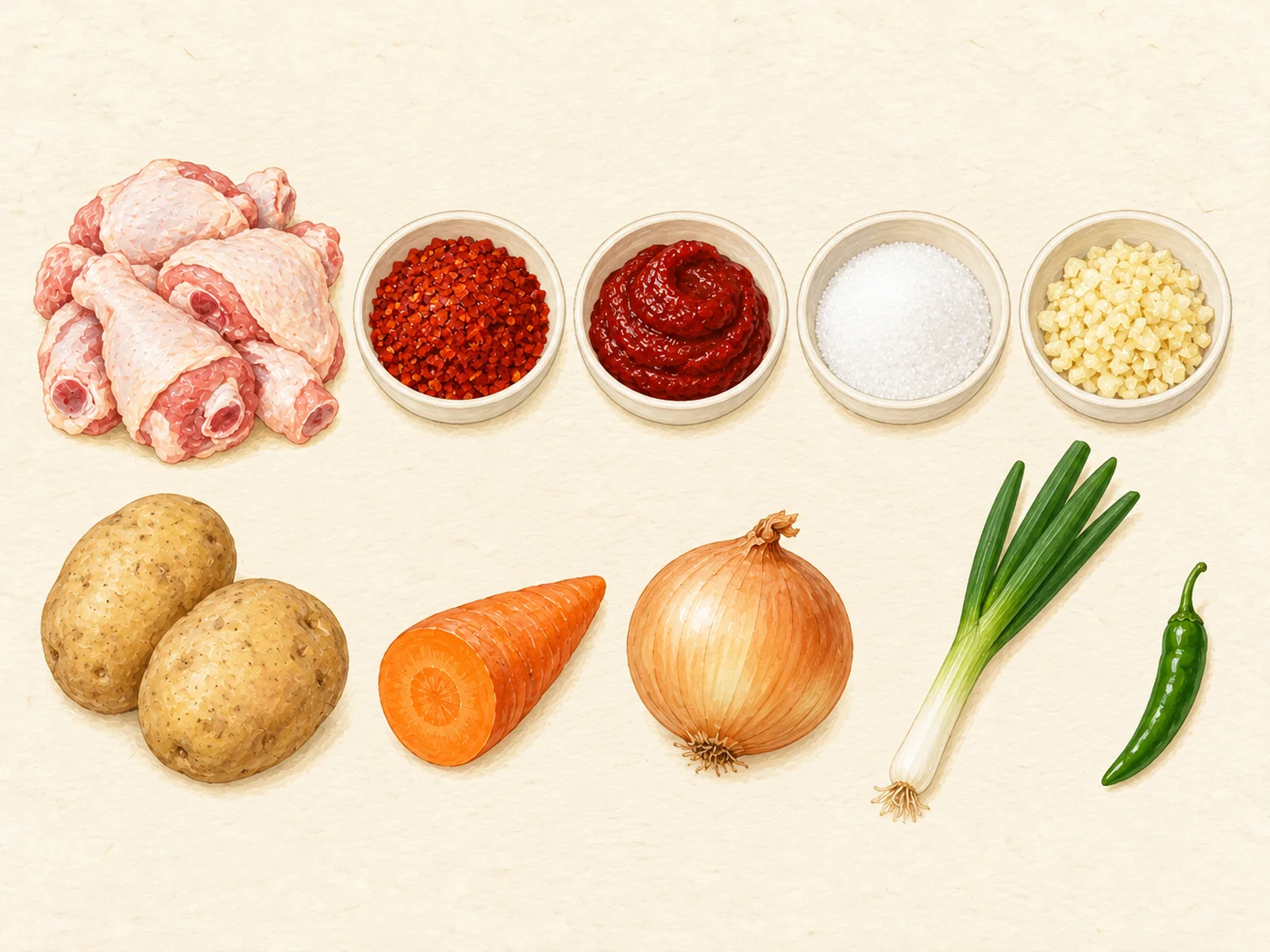 Dakbokkeumtang ingredients in two rows: raw bone-in chicken pieces, gochugaru, gochujang, sugar, minced garlic, two potatoes, half a carrot, an onion, a green onion and a green chili, painted illustration