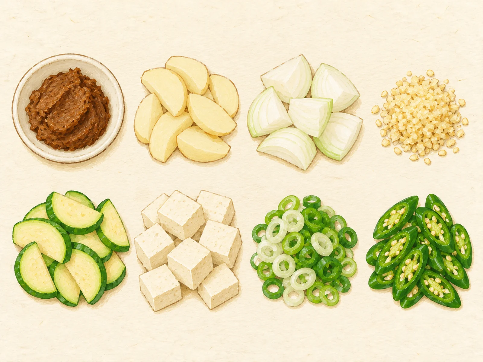 Doenjang jjigae ingredients in two rows: doenjang, potato, onion, minced garlic, aehobak, tofu, green onion and Cheongyang chili, painted illustration