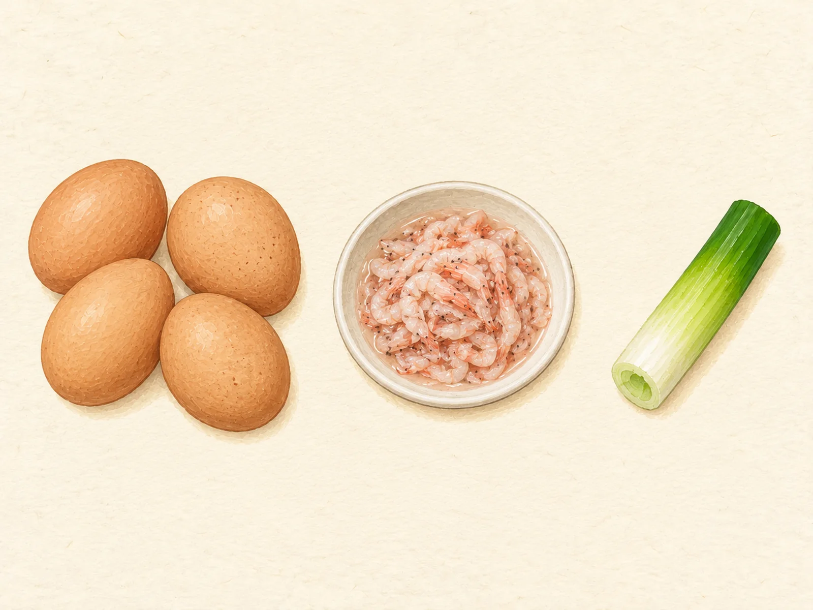 Gyeran-jjim ingredients in one row: four eggs, saeujeot (salted shrimp) in a small dish and a piece of green onion, painted illustration