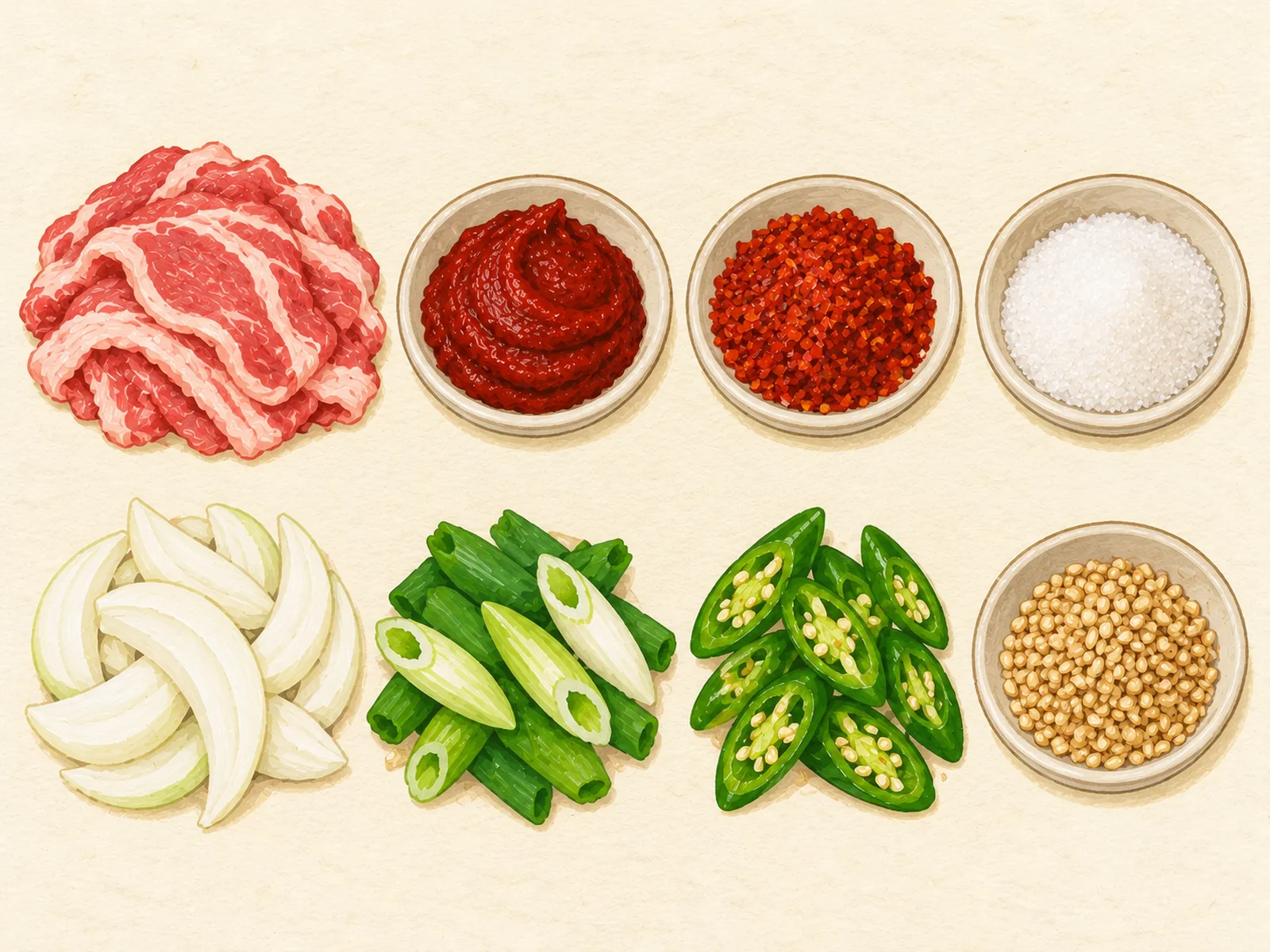 Jeyuk bokkeum ingredients in two rows: sliced pork, gochujang, gochugaru, sugar, onion, green onion, Cheongyang chili and sesame seeds, painted illustration
