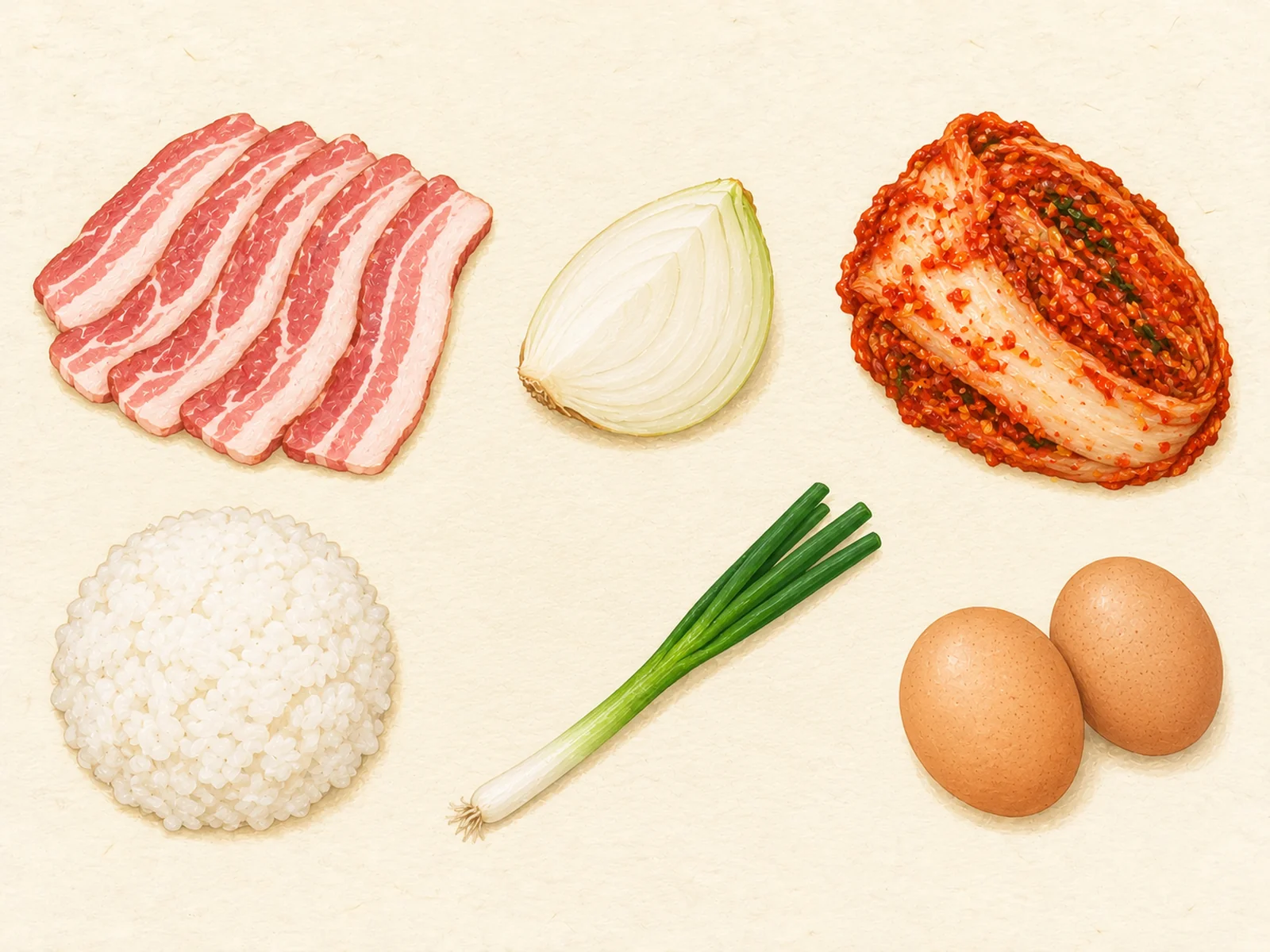 Kimchi fried rice ingredients in two rows: raw bacon slices, a quarter onion, ripe Korean cabbage kimchi, cooked white rice, a green onion and two eggs, painted illustration