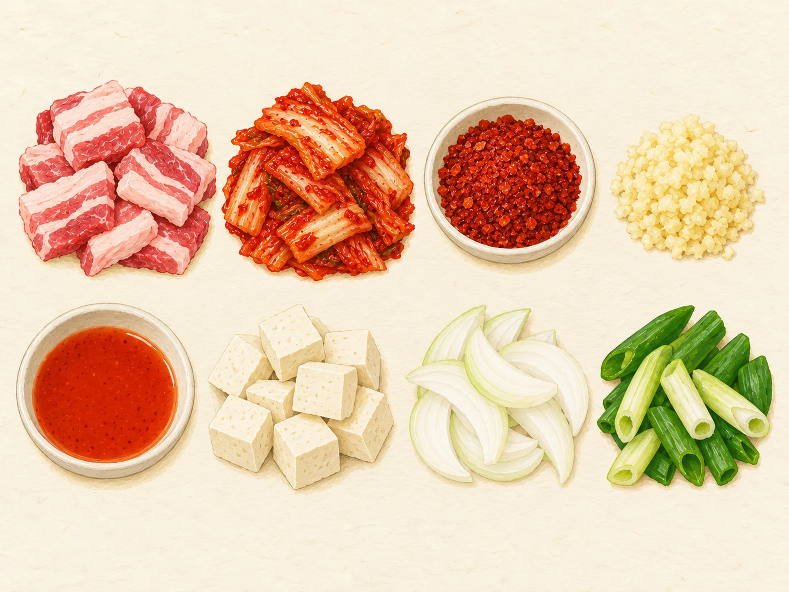 Kimchi jjigae ingredients in two rows: pork belly, baechu kimchi, gochugaru, minced garlic, kimchi brine, tofu, onion and green onion, painted illustration