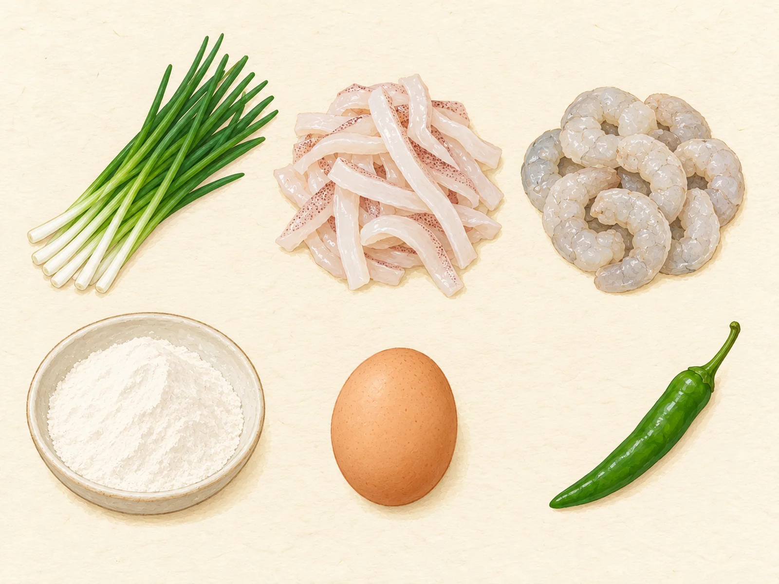 Pajeon ingredients in two rows: thin green onions, raw squid strips, peeled raw shrimp, pancake mix in a dish, an egg and a green chili, painted illustration