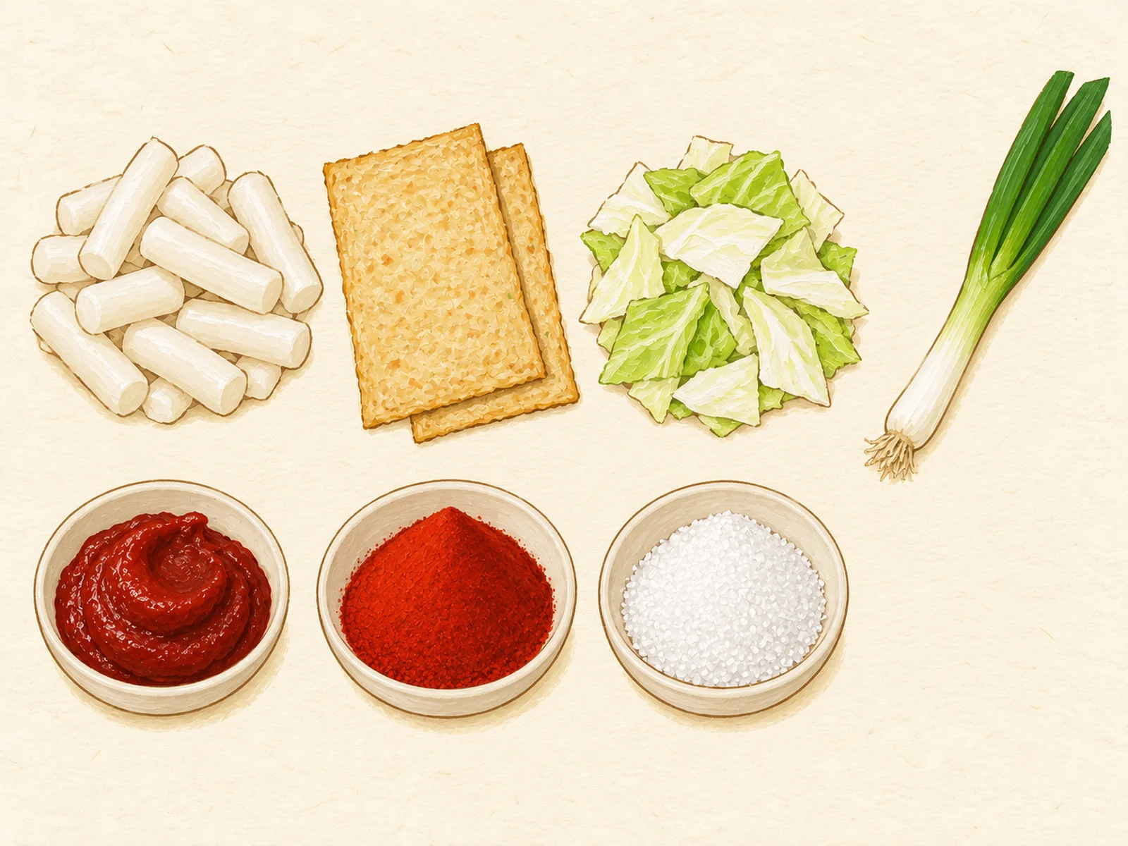 Tteokbokki ingredients in two rows: rice cakes, two eomuk sheets, cabbage, green onion, gochujang, gochugaru and sugar, painted illustration